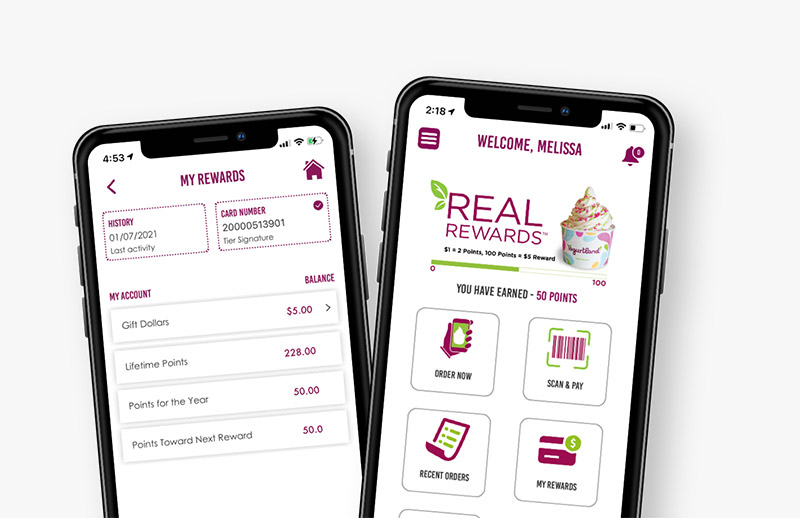 Two phones displaying the rewards app.
