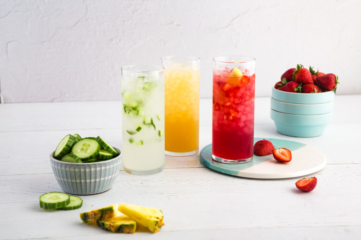 A variety of vegetable and fruit-based juices