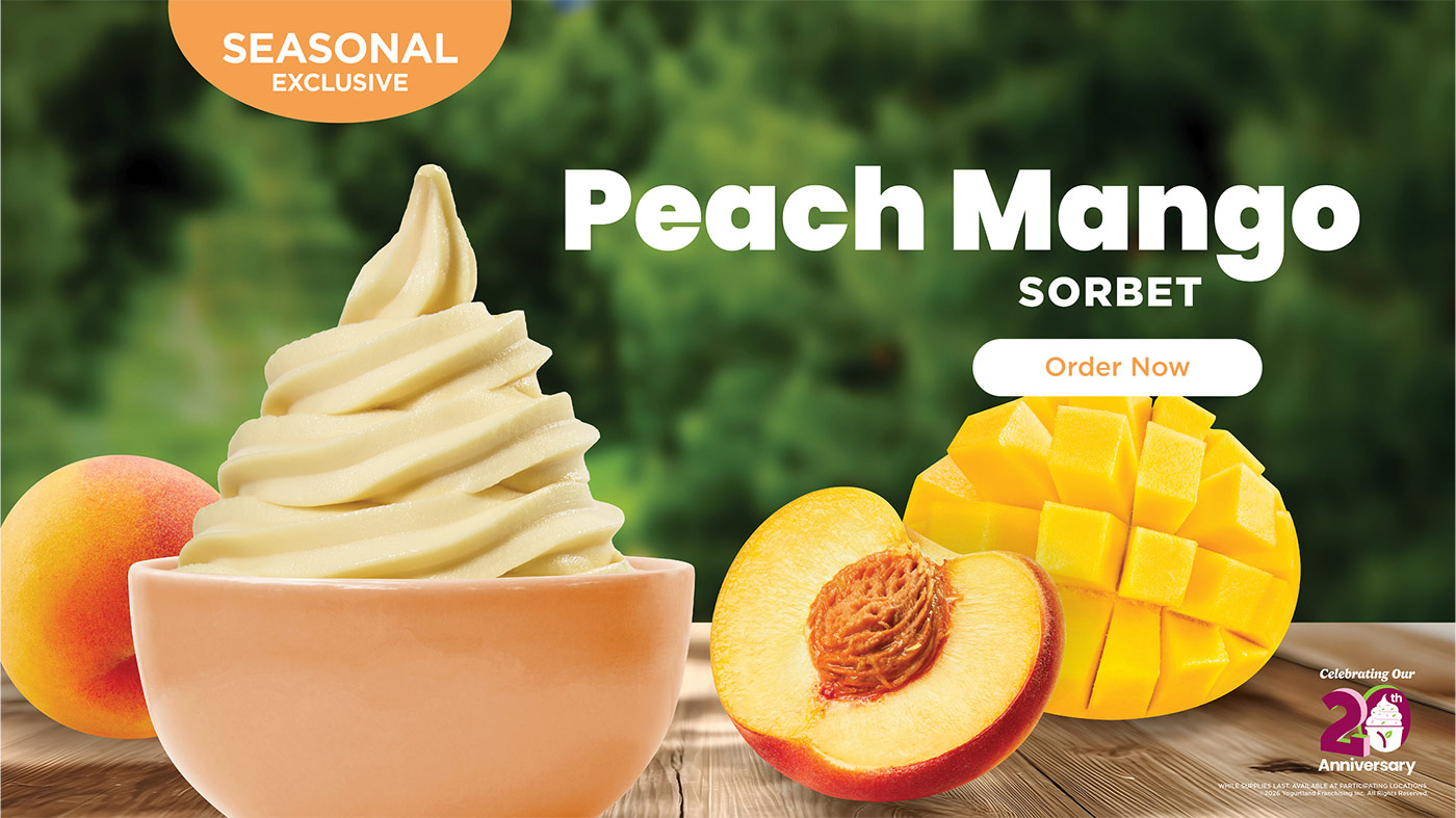 Peach Mango Sorbet - Order Now! WHILE SUPPLIES LAST. AVAILABLE AT PARTICIPATING LOCATIONS. Copyright 2026 Yogurtland Franchising, Inc. All Rights Reserved.