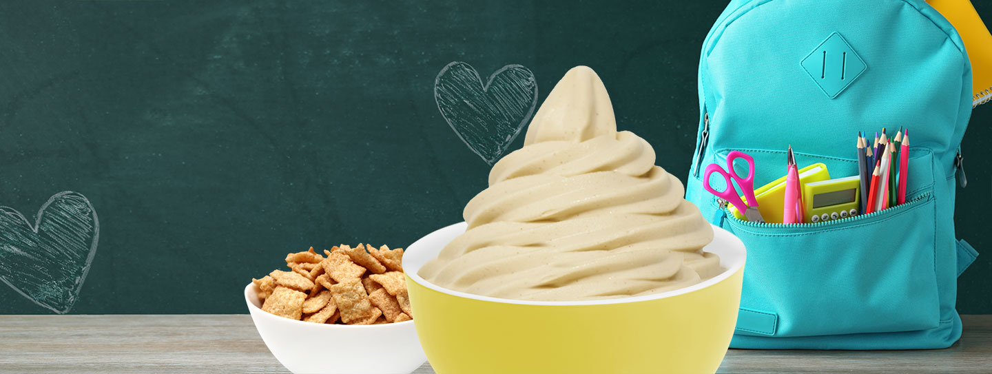 A cup of frozen yogurt alongside a bowl of cinnamon cereal